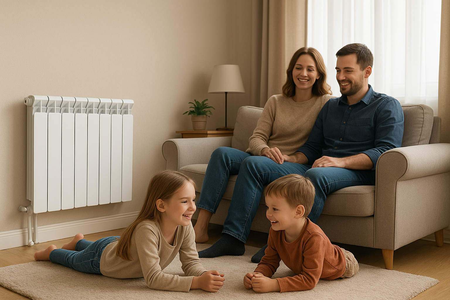 familia disfrutando calefacción de auerotermia en hogar